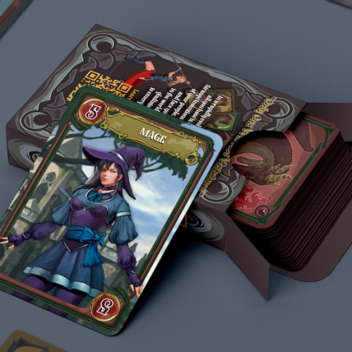 Mage Card Laying on Gladiators Deck Box on Kickstarter